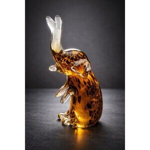 Vintage Murano Style Art Glass Elephant Amber Black Spotted 8.5” Figurine